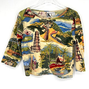 Vtg Shana K Top Womens L Y2K 90s Embellished City Nature Sequin Asian Travel